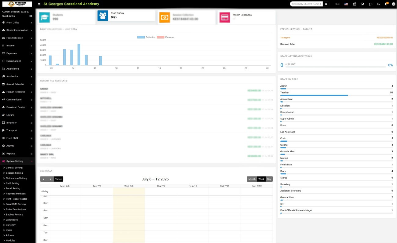 ElimuCore admin dashboard showing fee collection, staff attendance and daily activity for a school
